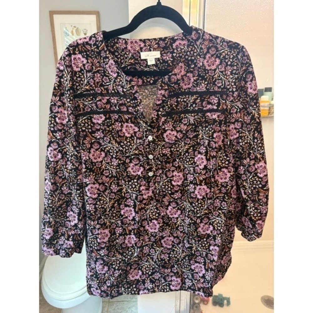 J. Jill Fine Wale Corduroy Floral Popover Blouse Women's Large Purple Black Boho